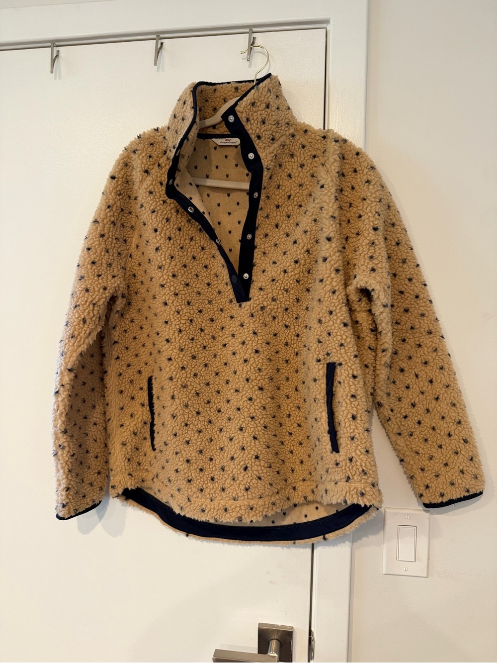 Vibeyard vines Cozy Tan Sherpa Pullover with Navy Trim